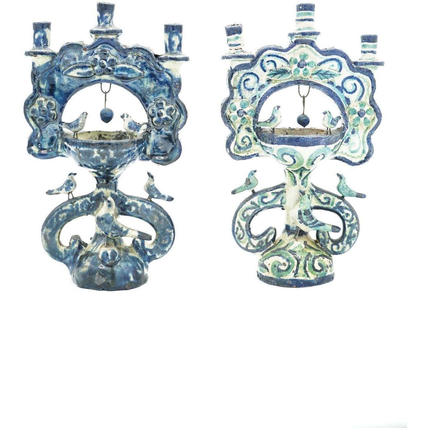 1970s Pair of Blue and Green Bird Baths Candelabra Mexican Folk Art