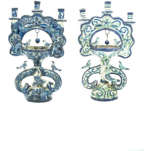 1970s Pair of Blue and Green Bird Baths Candelabra Mexican Folk Art