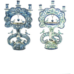 1970s Pair of Blue and Green Bird Baths Candelabra Mexican Folk Art