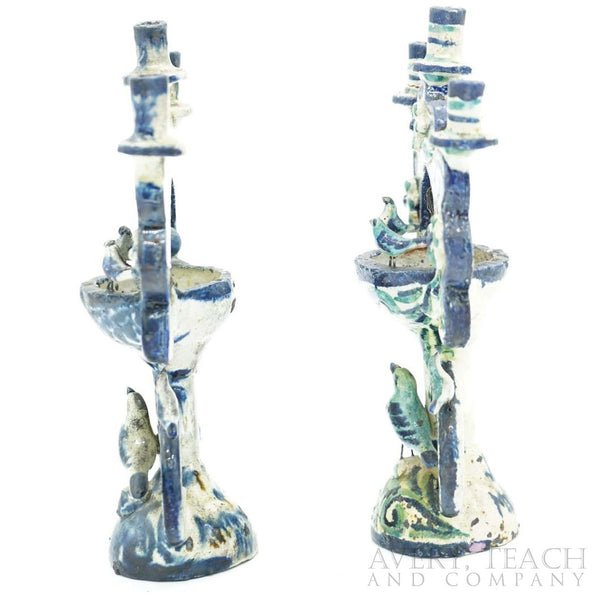 1970s Pair of Blue and Green Bird Baths Candelabra Mexican Folk Art - Avery, Teach and Co.