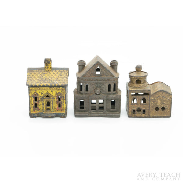 Lot of 3 Antique Cast Iron Building Still Banks - Avery, Teach and Co.