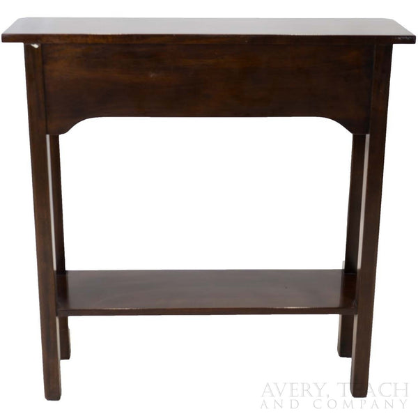 Back view of a vintage Stickley end table with a bottom shelf.
