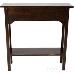 Back view of a vintage Stickley end table with a bottom shelf.