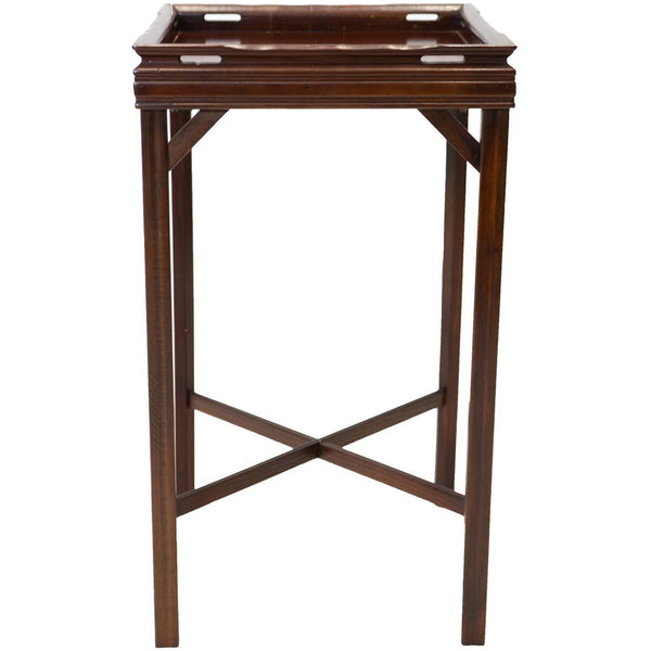 Side view of an antique mahogany end table with a simple fluted design and a cross bar between the legs.