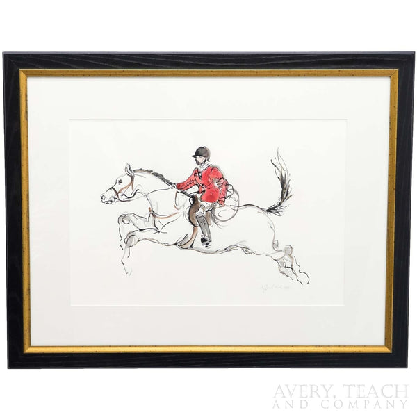 Print of a horse and a rider clad in red in a black and gold frame.