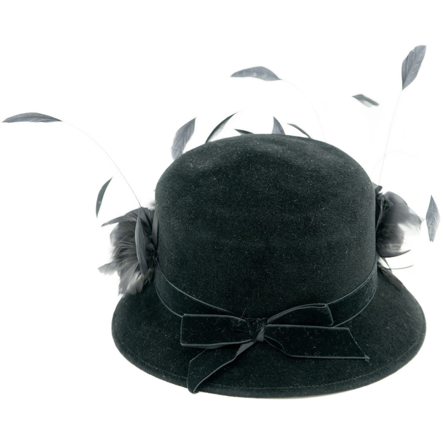 Luca Della Rocca Black Rabbit Hair Cloche Hat with Feathers