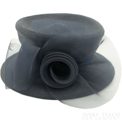 Styled Black Hat with Blue Ribbon and Black Flower Detail