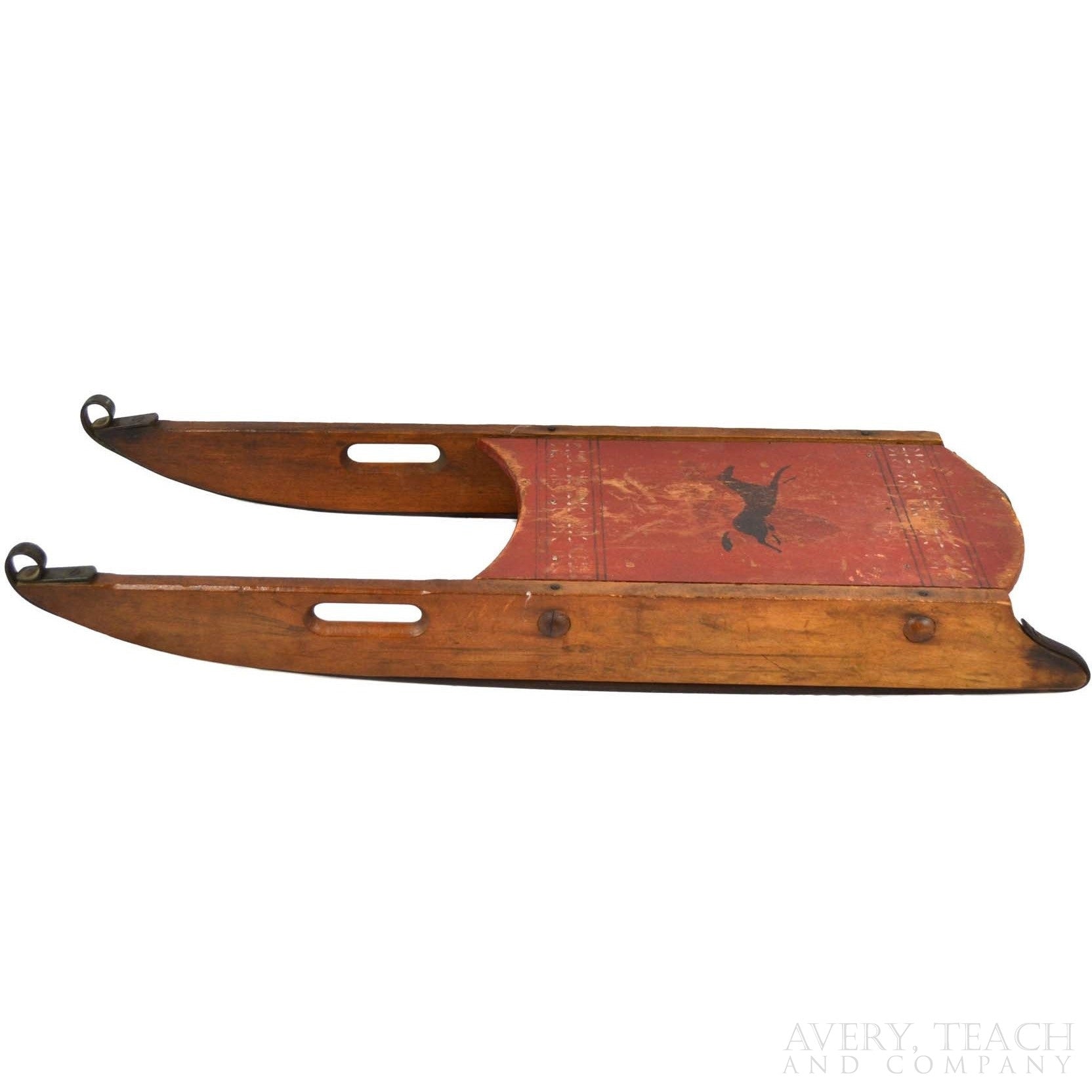 Red Antique Wooden Child's Clipper Sled w/ Horse Motif