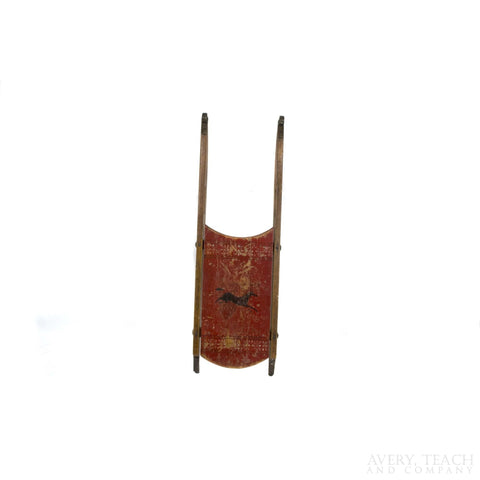 Red Antique Wooden Child's Clipper Sled w/ Horse Motif - Avery, Teach and Co.