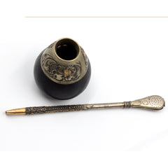 Argentine Mate Gourd With Silver Ornamentation and Sipper