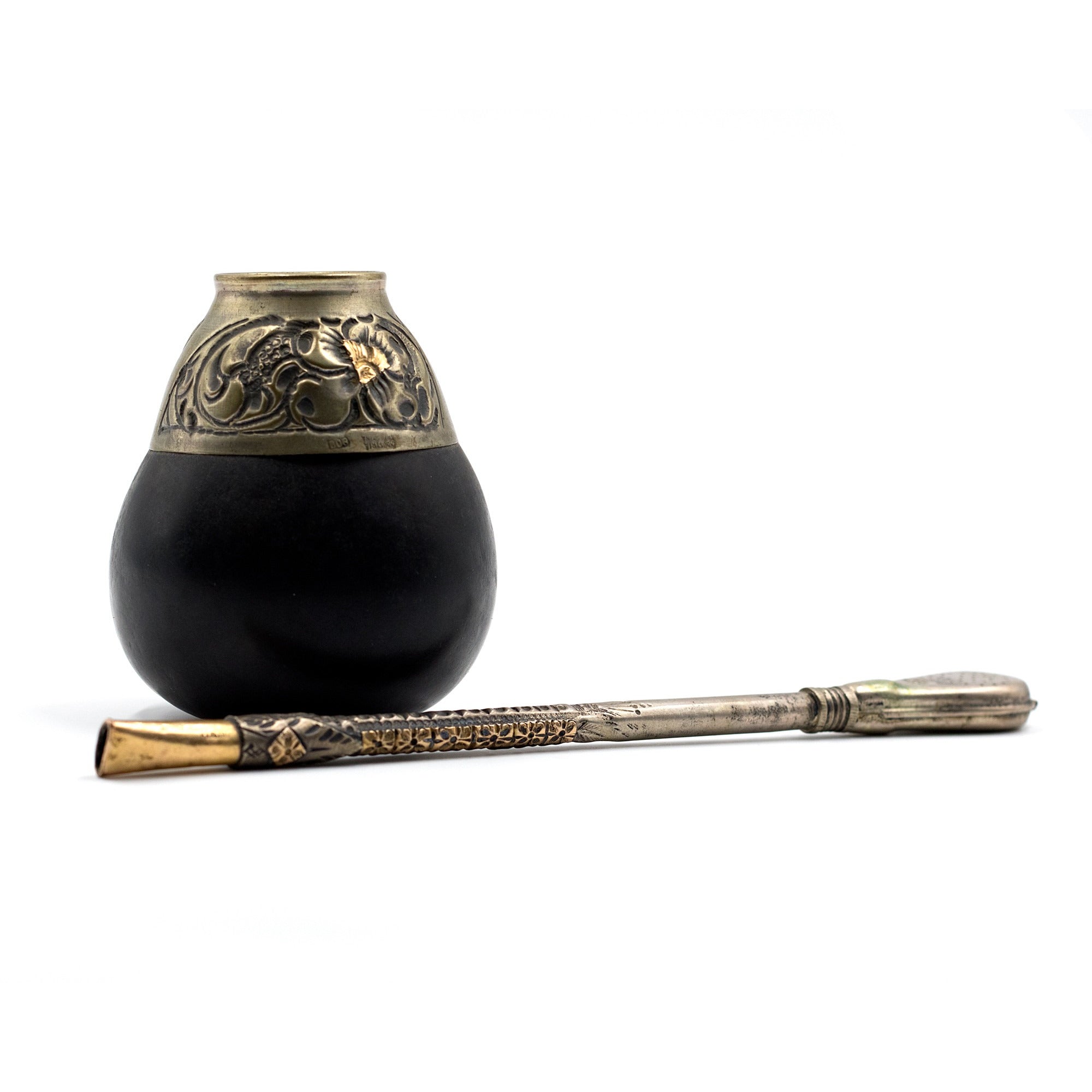 Argentine Mate Gourd With Silver Ornamentation and Sipper
